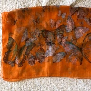 Orange chiffon butterfly pattern scarf, 21x63.
